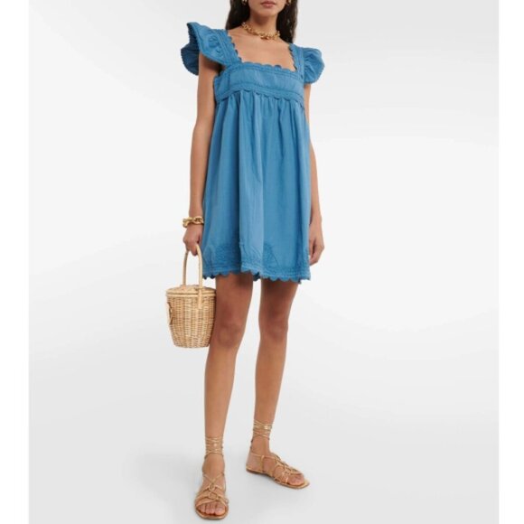 Juliet Dunn Scalloped Embroidered Cotton Mini-Dress, Denim Blue - Picture 1 of 4